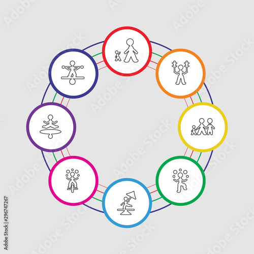8 colorful stroke icons set included tightrope walker man, jumping man, juggler man, tightrope walker juggler family circus stunt giant