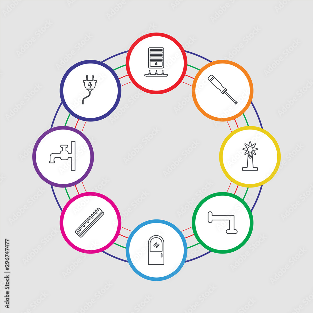 Φωτογραφία 8 colorful stroke icons set included plug, tap, ruler, door, pipe, eolic energy,