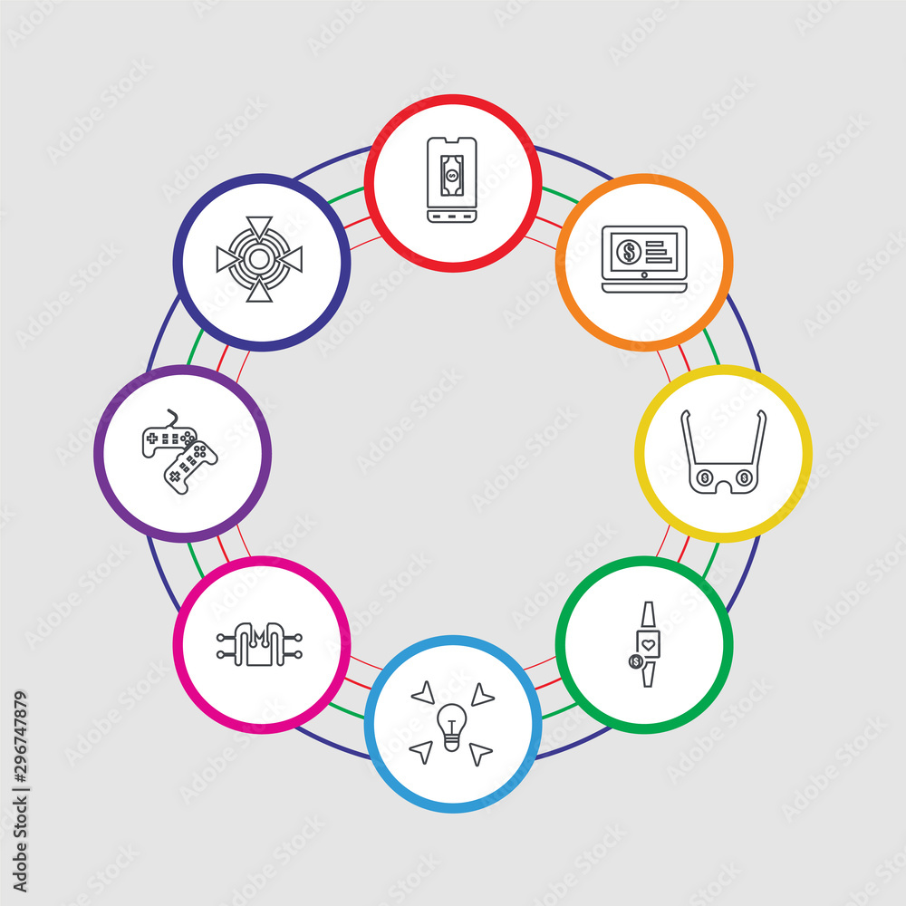 8 colorful stroke icons set included target, virtual reality, jacket, idea, smartwatch, ar glasses, crowdfunding, crowdfunding 8 colorful stroke icons set included target, virtual reality, jacket, idea, smartwatch, ar glasses, crowdfunding, crowdfunding