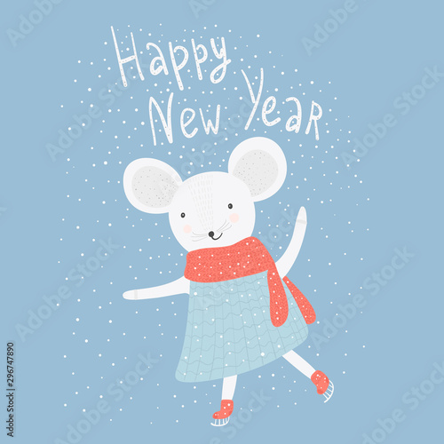 Cute Christmas card with mouse and snowflakes. Snowy New Year background with cartoon skating rat with red scarf
