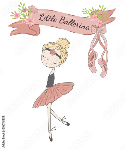 Little cute ballerina princess of the ballet. Decorative ribbon with flowers, pointe shoes  and inscription Little Ballerina.