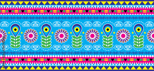 	 Pakistani or Indian truck art vector seamless long pattern, decorative floral ornament, blue and pink design with flowers, leaves and abstract shapes   
