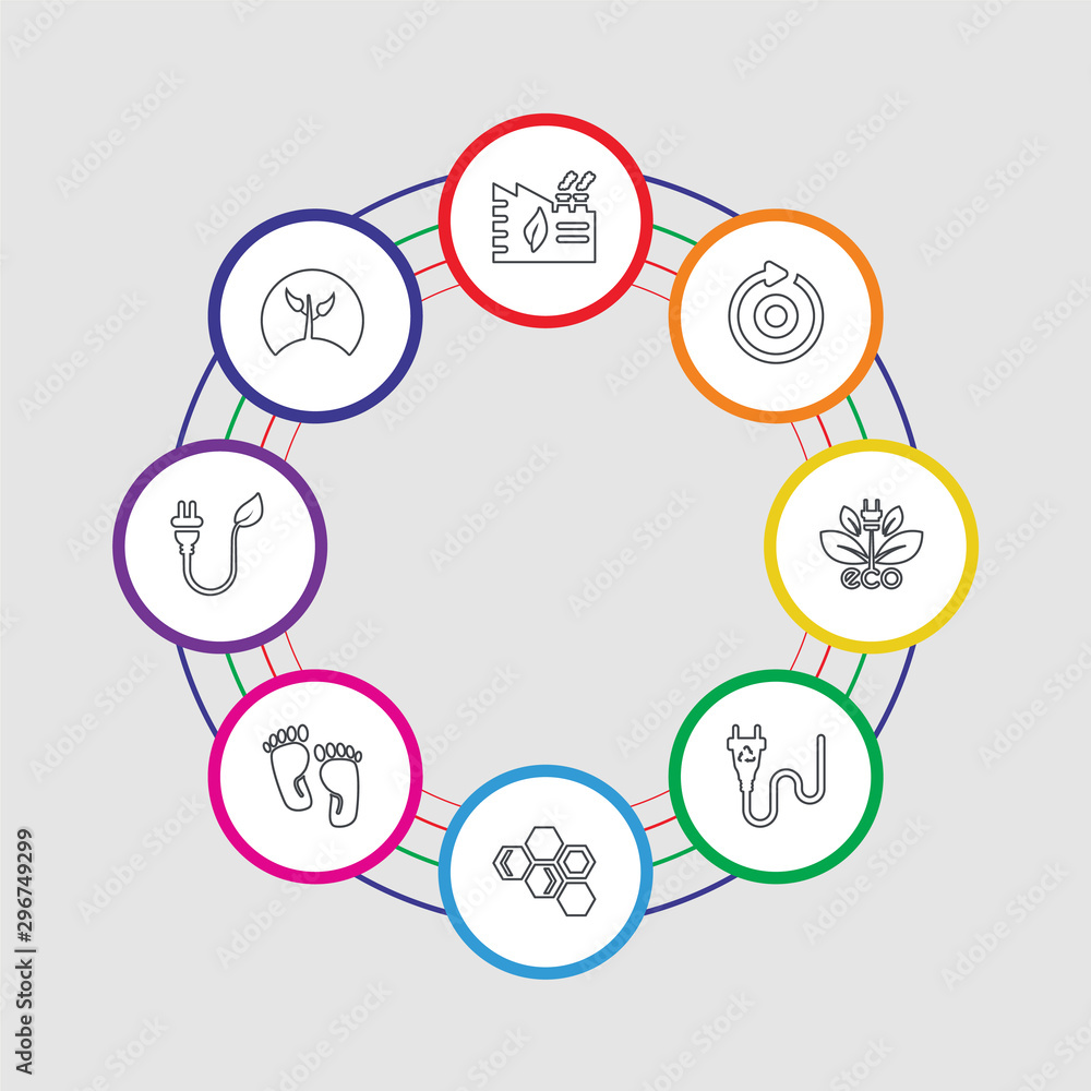 8 colorful stroke icons set included plant, eco power, footprint, eco power cells, plug, ecological energy source, reload, eco factory 8 colorful stroke icons set included plant, eco power, footprint, eco power cells, plug, ecological energy source, reload, eco factory