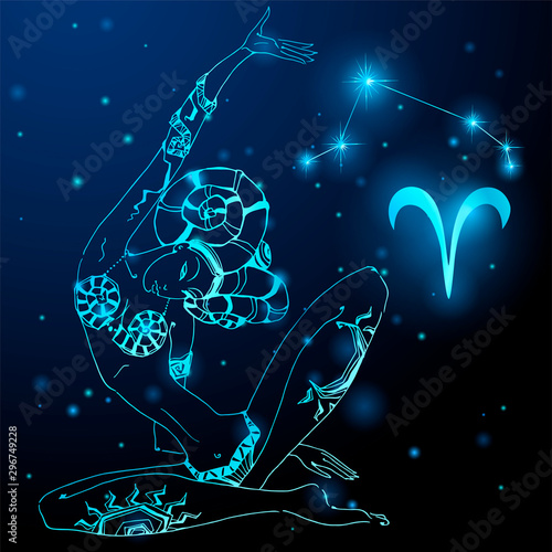 Zodiac sign Aries in the image of a beautiful mystical girl. Vector.