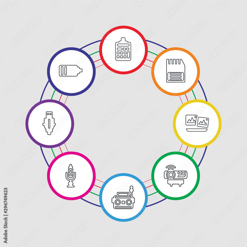 Fotografie 8 colorful stroke icons set included empty battery, pen drive, microphone, radio