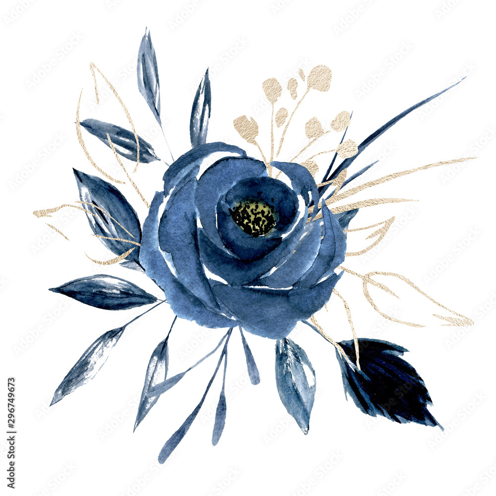 Blue Flower Watercolor With Gold Leaf
