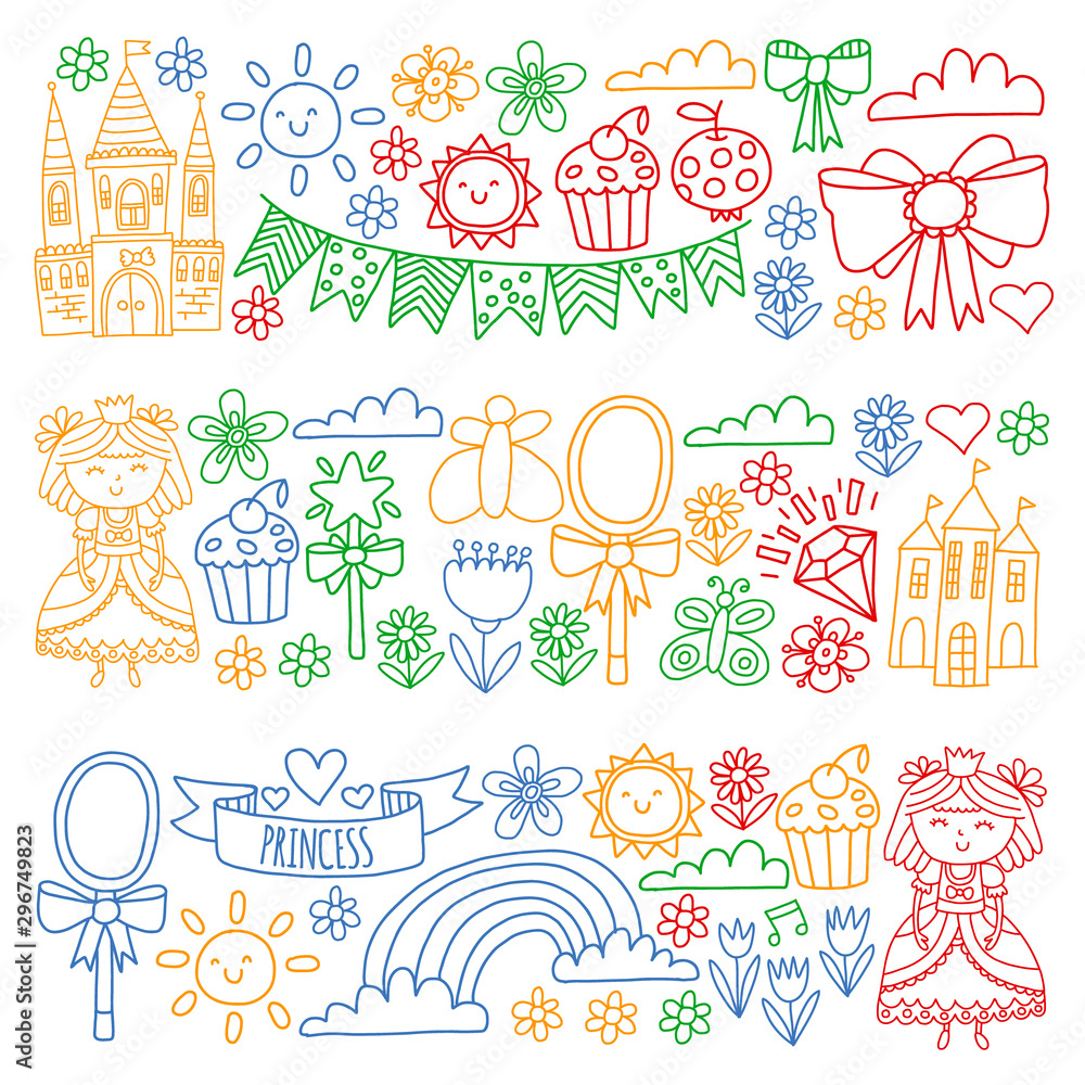 Vector pattern for little girls. Princess illustration for happy birthday party.