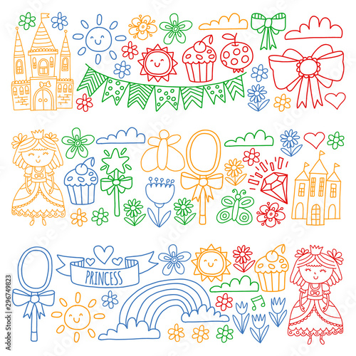 Vector pattern for little girls. Princess illustration for happy birthday party.
