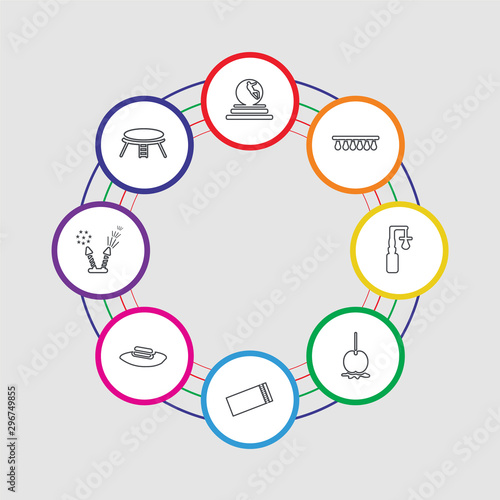 8 colorful stroke icons set included elastic bed, fireworks, hot dog, ticket, caramelized apple, boxing machine, light bulbs, water rollerball