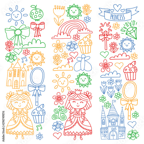 Vector pattern for little girls. Princess illustration for happy birthday party.