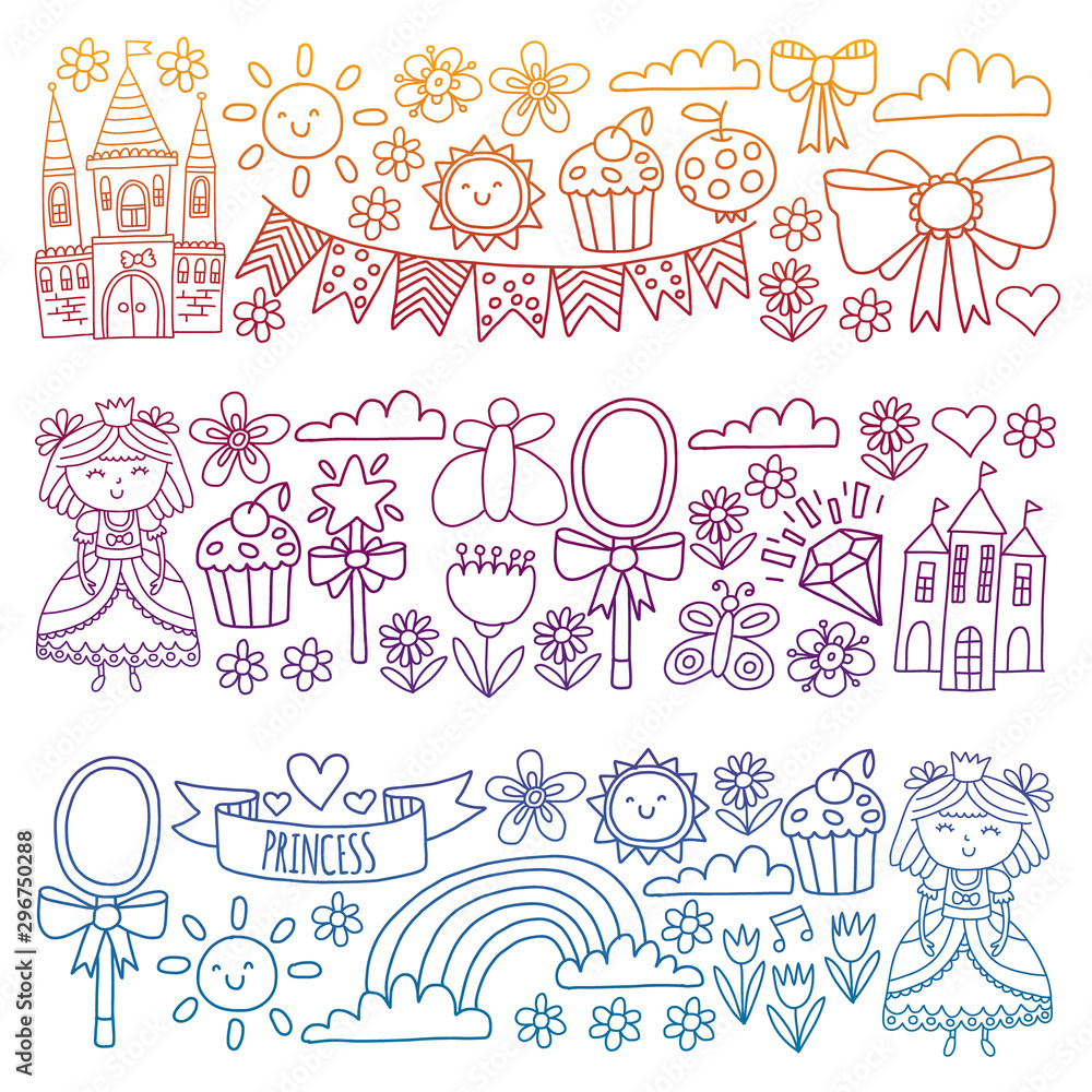 Vector pattern for little girls. Princess illustration for happy birthday party. Vector pattern for little girls. Princess illustration for happy birthday party.