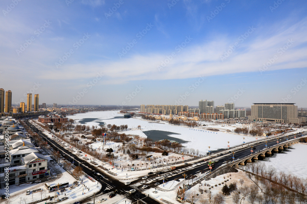 urban architectural landscape in the snow, china urban architectural landscape in the snow, china