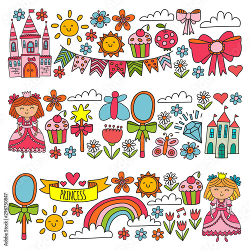 Vector pattern for little girls. Princess illustration for happy birthday party.