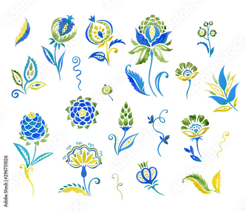 Set of patterns in oriental paisley style: flowers, leaves, curls, decorative patterns for design, watercolor painting on isolated white background.