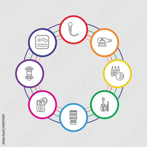 8 colorful stroke icons set included stamp, skate, music player, slot machine, violin, bowling, ship in a bottle, singing