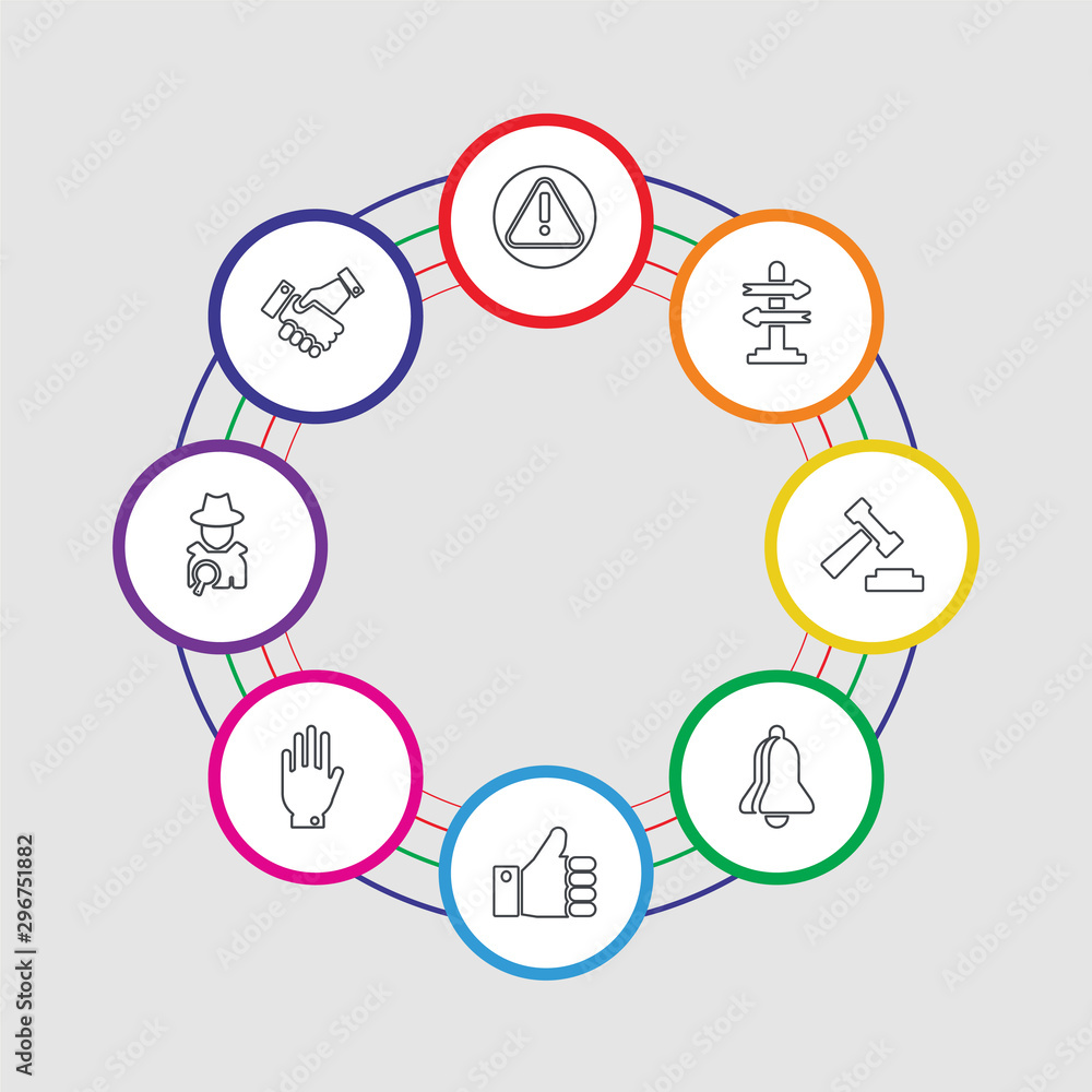 8 colorful stroke icons set included cooperation, detective, right to objection, right to objection, notification, auction, decision making, alert 8 colorful stroke icons set included cooperation, detective, right to objection, right to objection, notification, auction, decision making, alert