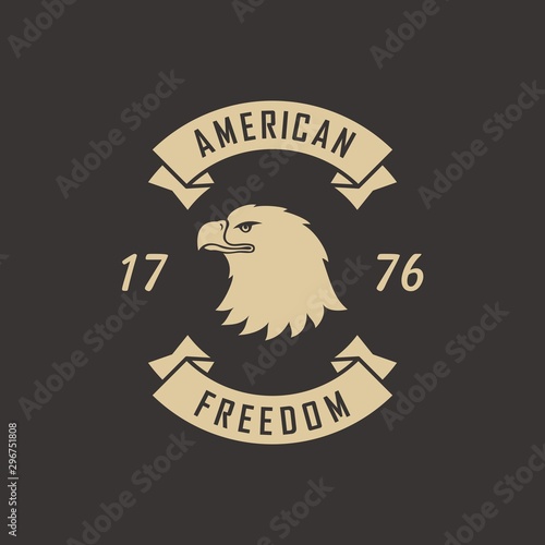 Color illustration on the theme of American freedom. Vector illustration of an eagle and a banner with text on a black background.