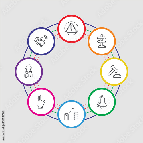 8 colorful stroke icons set included cooperation, detective, right to objection, right to objection, notification, auction, decision making, alert