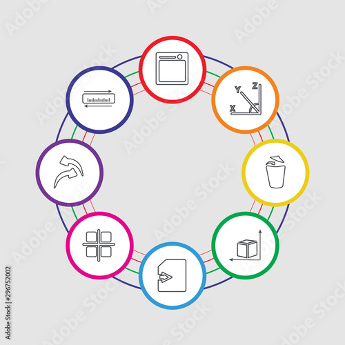 8 colorful stroke icons set included measure, reverse, select all, import, dimension, delete, axis, table