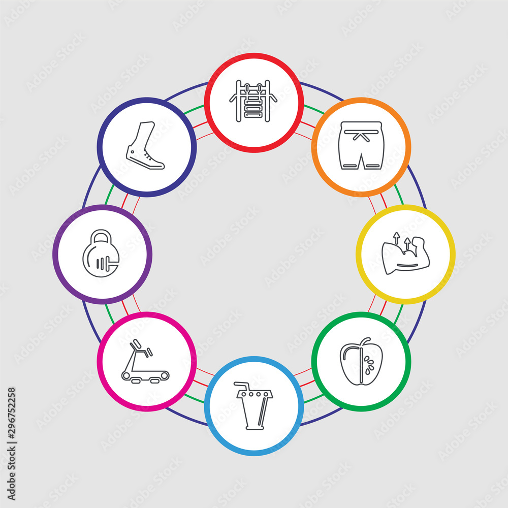 8 colorful stroke icons set included running, kettlebell, treadmill, juice, apple, muscle, shorts, gym 8 colorful stroke icons set included running, kettlebell, treadmill, juice, apple, muscle, shorts, gym