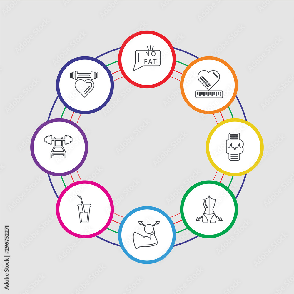 8 colorful stroke icons set included dumbbell, weightlifting, orange juice, muscle, body, smartwatch, measuring tape, fat 8 colorful stroke icons set included dumbbell, weightlifting, orange juice, muscle, body, smartwatch, measuring tape, fat