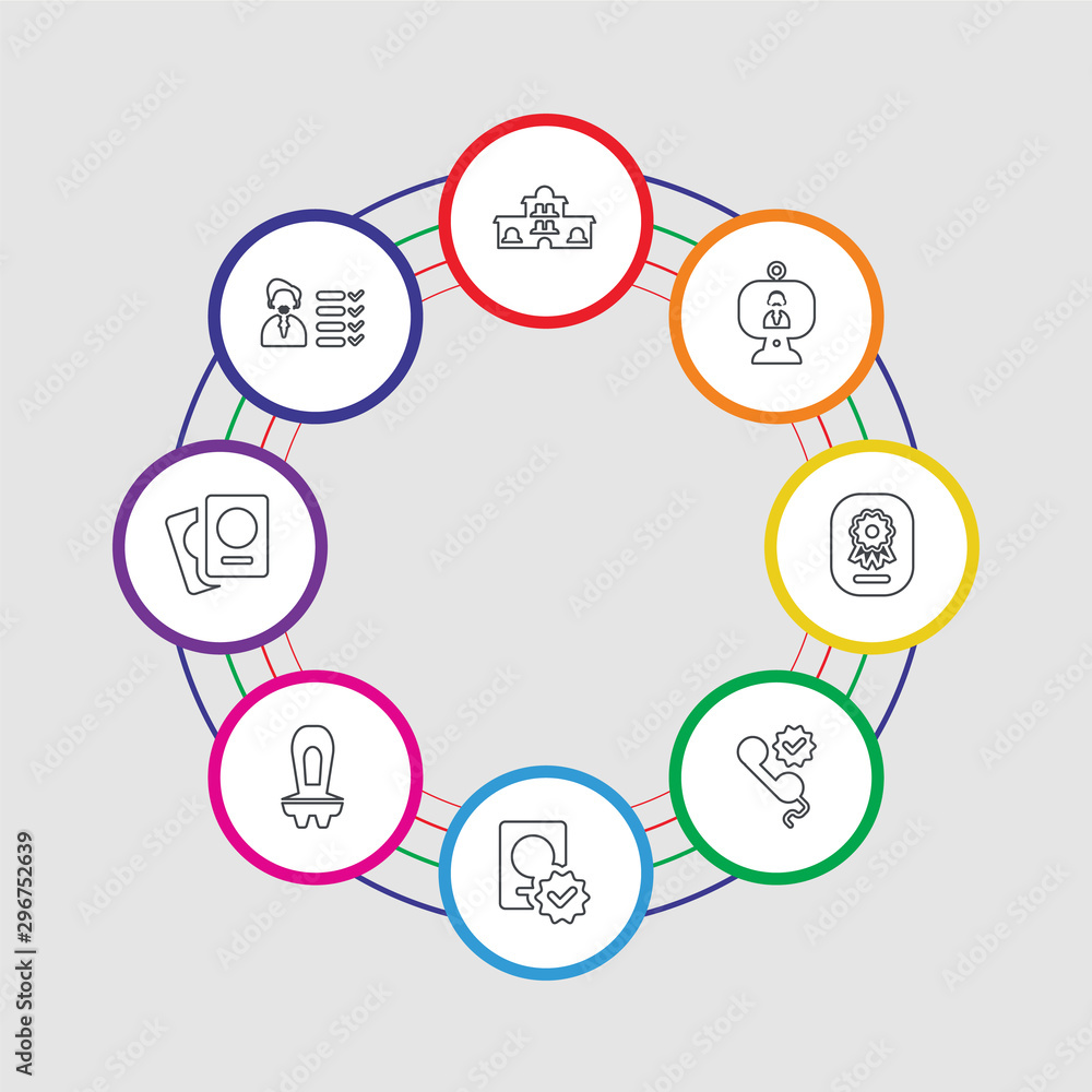 8 colorful stroke icons set included skills, hiring, chair, approved, contact, certificate, video conference, company 8 colorful stroke icons set included skills, hiring, chair, approved, contact, certificate, video conference, company
