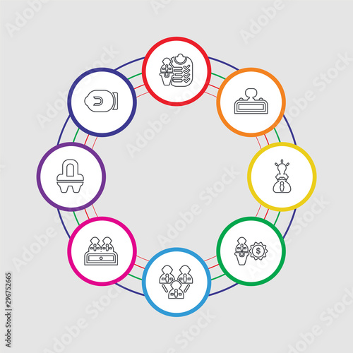 8 colorful stroke icons set included briefcase, position, interview, teamwork, salary, idea, desk, skills