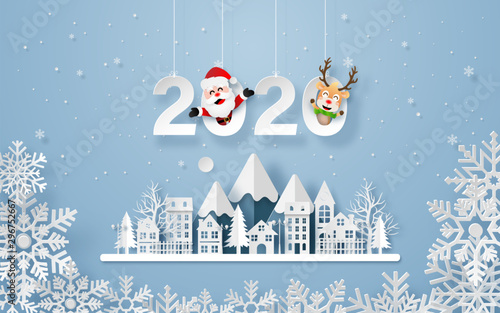 Origami paper art of Urban Countryside Landscape in winter season, Merry Christmas and Happy New Year
