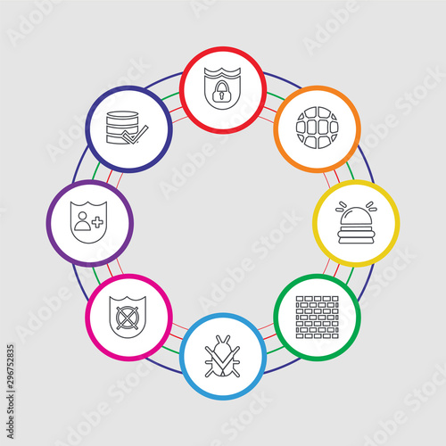 8 colorful stroke icons set included verification, insurance, shield, virus, firewall, hooter, network, protection