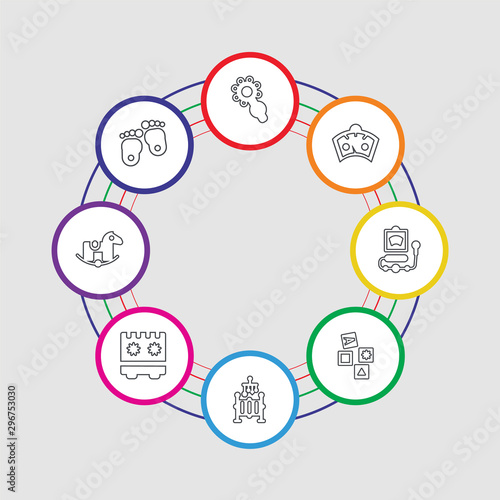 8 colorful stroke icons set included feet, rocking horse, calendar, cradle, cubes, ultrasound, scale, rattle