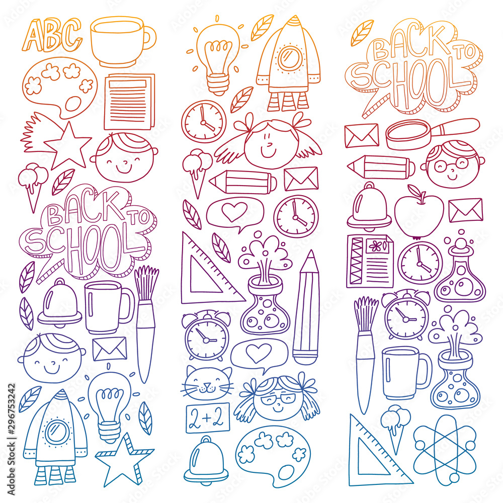 Vector pattern with school icons with little students. Children study chemistry, creativity, mathematics, physics, algebra, geometry, biology, geography, astronomy. Vector pattern with school icons with little students. Children study chemistry, creativity, mathematics, physics, algebra, geometry, biology, geography, astronomy.
