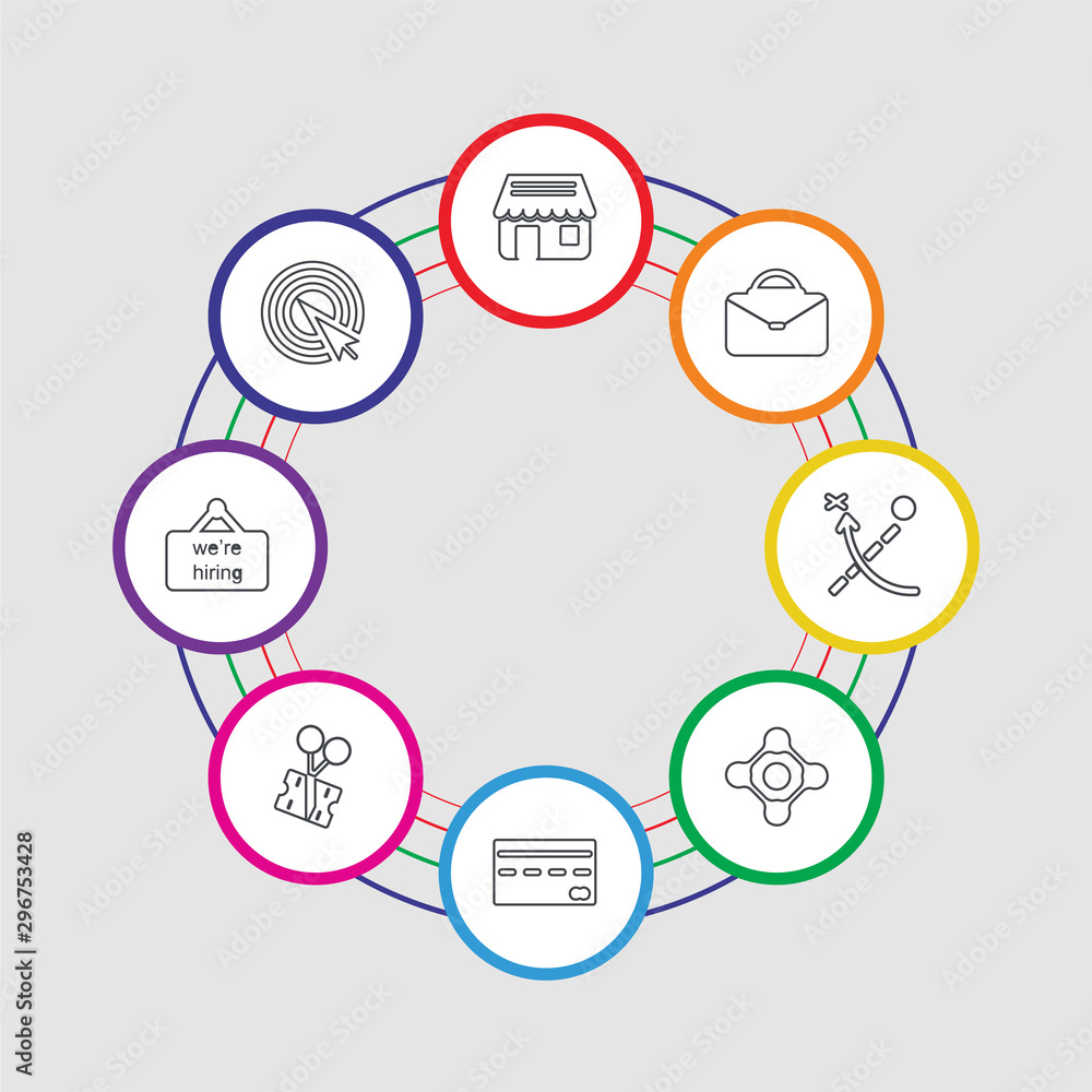 8 colorful stroke icons set included pay per click, hiring, coupon, cit card, network, strategy, briefcase, shop 8 colorful stroke icons set included pay per click, hiring, coupon, cit card, network, strategy, briefcase, shop