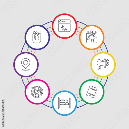 8 colorful stroke icons set included bag, location, link, profile, eticket, promotion, strategy, loading