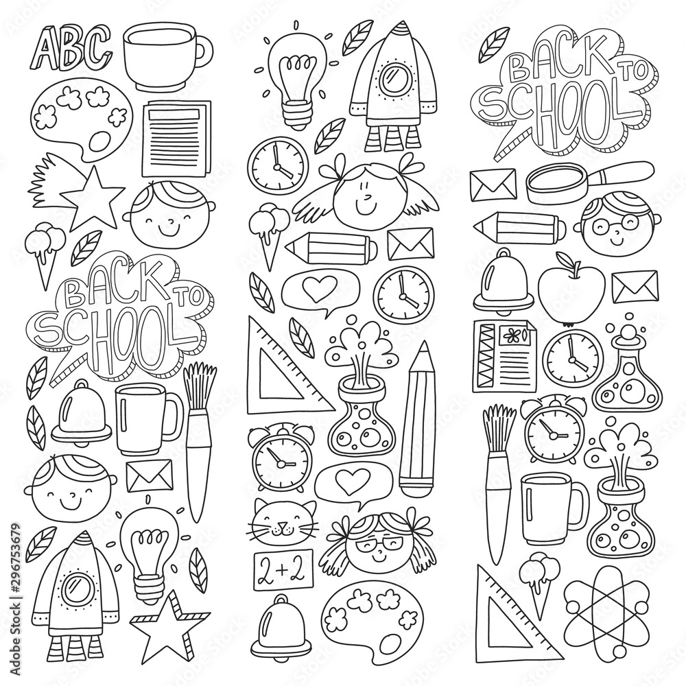 Vector pattern with school icons with little students. Children study chemistry, creativity, mathematics, physics, algebra, geometry, biology, geography, astronomy.