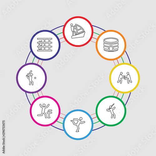 8 colorful stroke icons set included lanes, baseball, finish, gymnast, javelin throw, wrestling, stadium, wind surf