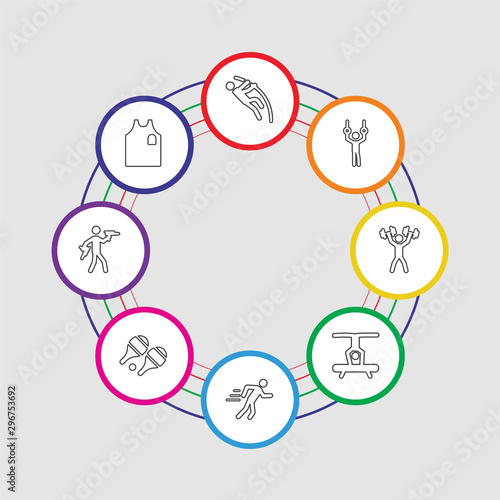 8 colorful stroke icons set included shirt, target shooter, pin pong, track field, gymnastic, weightlifter, gymnast, pole vault