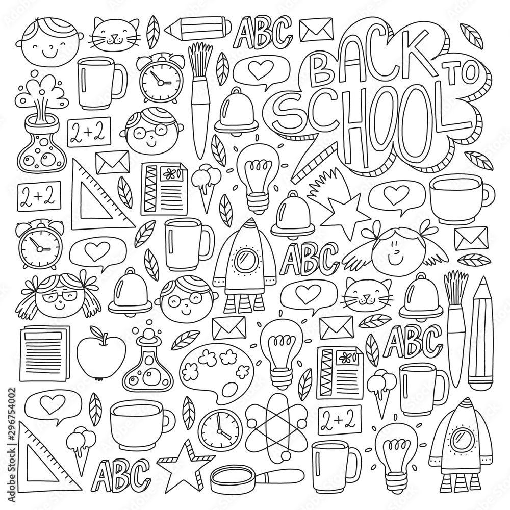 Vector pattern with school icons with little students. Children study chemistry, creativity, mathematics, physics, algebra, geometry, biology, geography, astronomy.