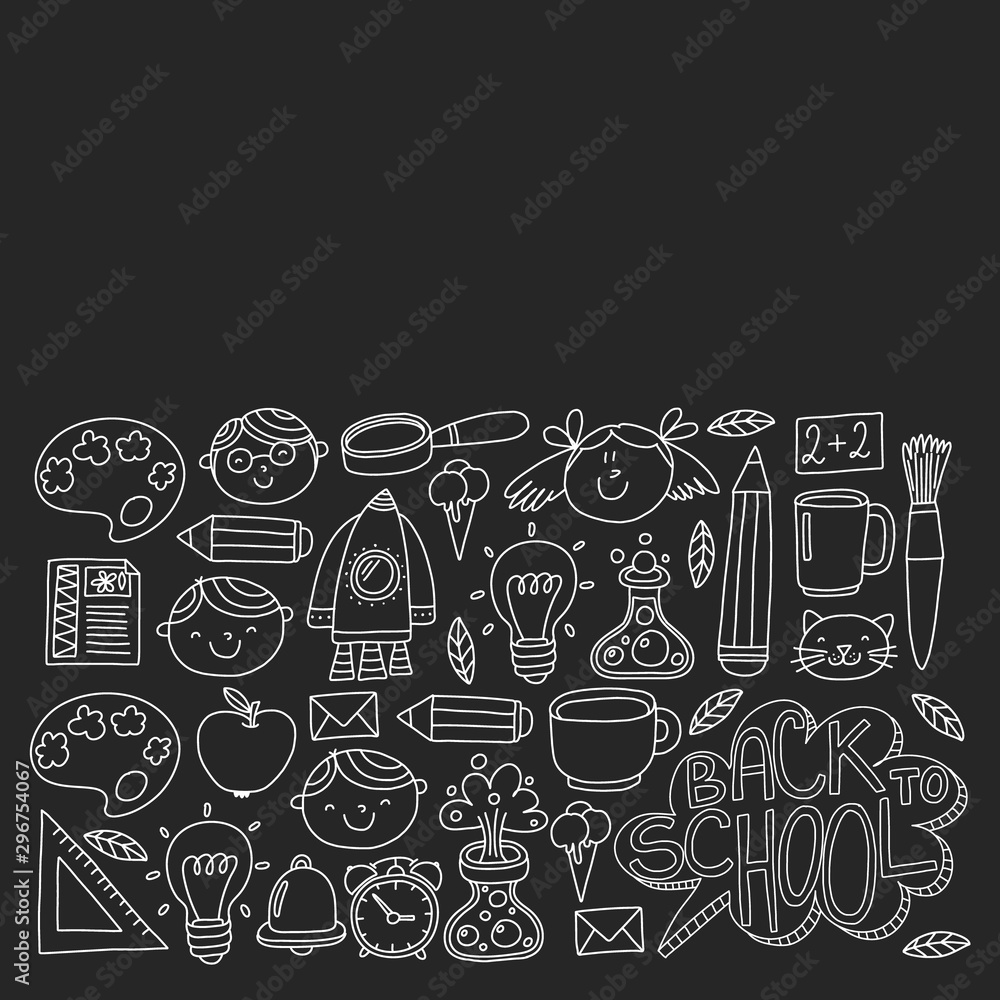 Vector pattern with back to school icons for posters, banners, covers. Kids, children education.