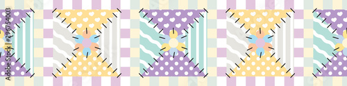 Vector seamless border pattern. Cute patchwork, quilt design. Colored funny patches with different ornament, stitched with threads and ribbons. Abstract texture, textile background, flap decoration