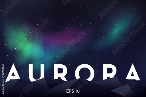 Abstract vector illustration. Minimalistic concept. Night sky with aurora borealis. Text behind the mountains. Realistic landscape. Dark wallpapers. Template for website. Dark background with light