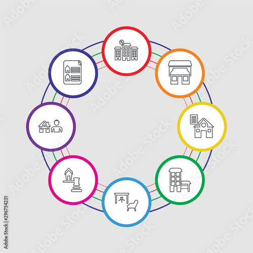 8 colorful stroke icons set included newspaper, builder, auction, fireplace, house, house, house, skyscraper