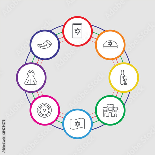 8 colorful stroke icons set included shofar, religious salt, jewish bagels, israel flag, solomon temple in jerusalem, hebrew wine, kippah, torah book