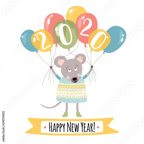 Fototapeta Naklejka Na Ścianę i Meble -  Template greeting card with mouse. Happy New Year!