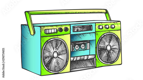 Music Player For Listening Music Retro Vector. Ancient Audio Stereo Cassette Tape Player. Boom Box Multimedia System Engraving Concept Template Hand Drawn In Vintage Style Color Illustration