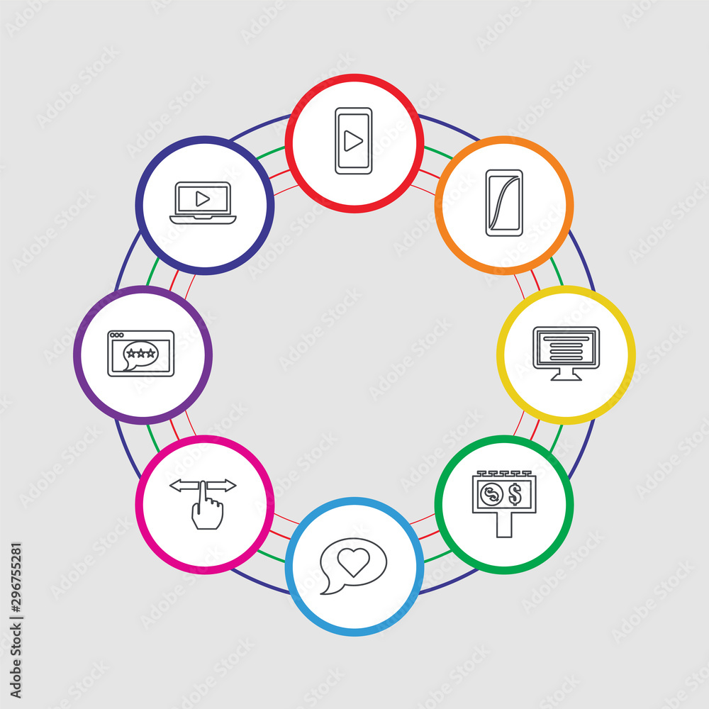 8 colorful stroke icons set included video player, feedback, swipe, like, billboard, post, smartphone, video player 8 colorful stroke icons set included video player, feedback, swipe, like, billboard, post, smartphone, video player