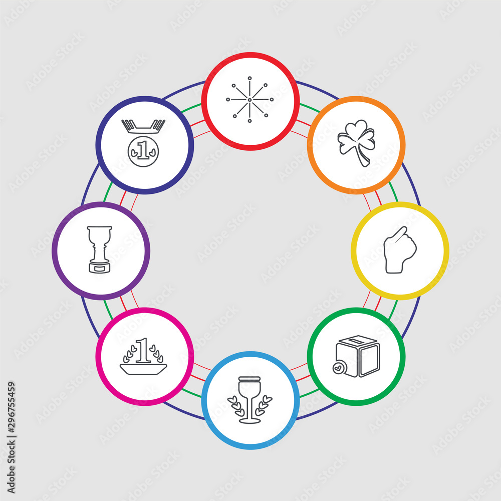 8 colorful stroke icons set included medal, trophy, medal, trophy, box, punch, clover, fireworks 8 colorful stroke icons set included medal, trophy, medal, trophy, box, punch, clover, fireworks