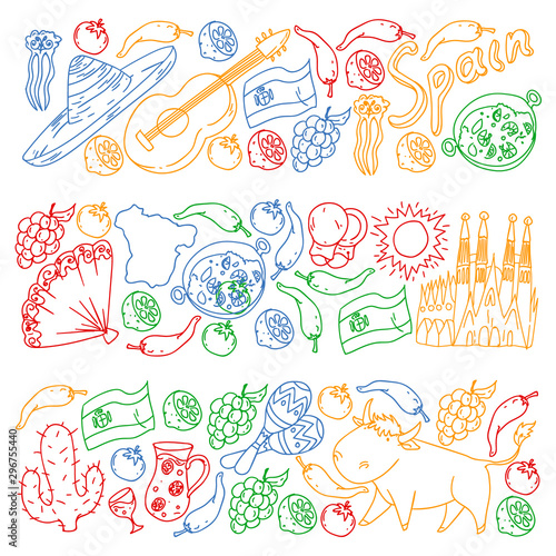 Spain vector pattern. Spanish traditional symbols and objects.