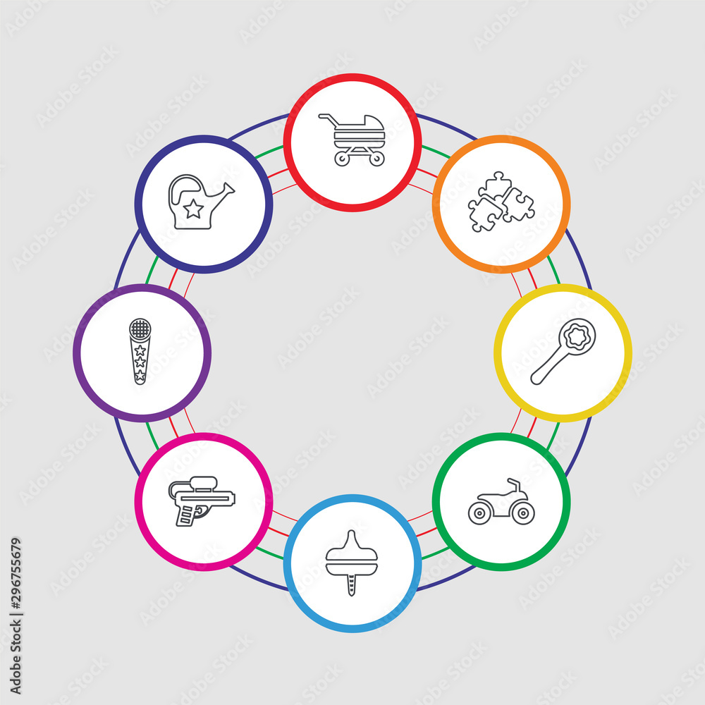 8 colorful stroke icons set included watering can toy, microphone toy, toy spinning top ride on rattle puzzle pram 8 colorful stroke icons set included watering can toy, microphone toy, toy spinning top ride on rattle puzzle pram