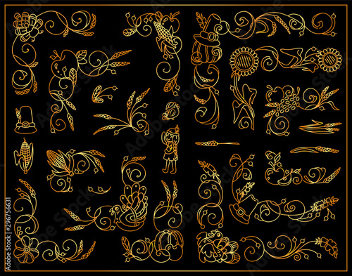Vector vintage elements for frame design. Cute corners, dividers, tiny arts. Doodle turkey, pumpkins, birds, vine, maize, ears of wheat, berries and leaves. Beautiful metallic gold color
