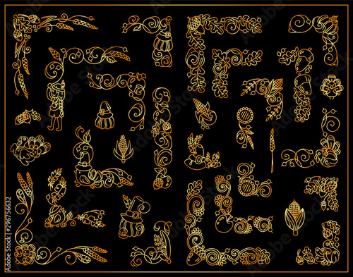 Vector vintage elements for design. Cute corners, dividers, tiny arts. Doodle Turkey, pumpkins, birds, vine, maize, ears of wheat, acorns, leaves. Beautiful metallic gold color